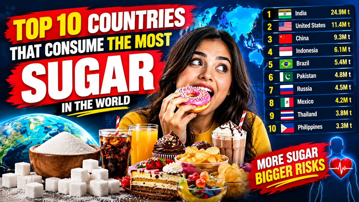 MdAkter12394103's tweet photo. Top 10 Countries That Consume the Most Sugar in the World #SugarConsumption #Top10Countries #Sugar #HealthNews #Nutrition #HealthyEating #WorldFacts #FoodFacts #HealthDocumentary #NutritionFacts #SugarIntake #GlobalHealth
Watch now👉https://t.co/GOjimx3F8q https://t.co/zRBPgNu6Ih