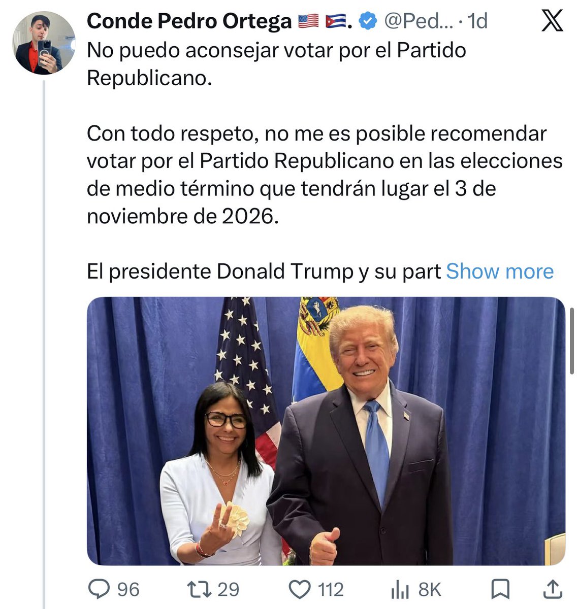 PedroOrtega111's tweet photo. Mi mensaje en el que anuncié públicamente que retiro mi apoyo al presidente Donald Trump y al Partido Republicano ya supera las 8,000 visualizaciones en X, la plataforma de Elon Musk. 🇺🇸

En mi opinión, el presidente Donald Trump y algunos miembros de su administración están tomando decisiones con las que no estoy de acuerdo y considero que el rumbo actual merece una profunda revisión.

Por esa razón, y con todo respeto, quiero dejar clara mi posición: Donald Trump no cuenta con mi apoyo de cara a las elecciones de medio término del próximo 3 de noviembre. #Urgente