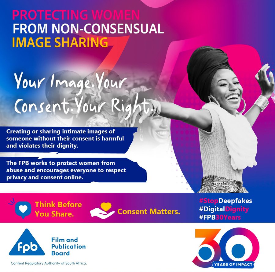 GovernmentZA's tweet photo. Your image. Your consent. Your right. RIGHT? 

Sharing or creating intimate images of someone without their consent is harmful and violates their dignity and privacy. #ThinkBeforeYouShare #GovZAUpdates https://t.co/I4PEUBH4t7
