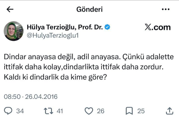 _Selcuk_Coban_'s tweet photo. ⁉️ AK Parti'de istifa eden Fatma Betül Sayan Kaya'nın yerine, Ak Parti Genel Başkan Yardımcılığı görevine 🔸️“Dindar anayasa değil, adil anayasa. Çünkü adalette ittifak daha kolay…”🔸️diye tweet atan Hülya Terzioğlu getirilmiş.

Fatma gitti Hülya geldi ama bozuk zihniyet hiç değişmedi❗️

Kendisine sormak lazım acaba Allah'ın koyduğu yasalar adil değil mi❓️

Yoksa kendi aciz ve değişken seküler akılları mı adaleti sağlayacak❓️

Spekülasyonlarla FON'lardan deve yükü haram para kazanmak bu aklın tezahürü değil mi❓️

Madem akıl adaleti sağlıyor peki bu zamana kadar neden sağlayamadı❓️ 

Batıl bir anayasa üzerinde ittifakın Allah katında ki değeri nedir? ❓️

Başı örtülü ama zihni kapitalist seküler fikirlere tamamen açık❗️

Sizden ve sizin gibi zihniyetlerden Allah'a sınırız.

“Kim izzet ve şeref istiyorsa, bilsin ki bütün izzet Allah’ındır.”
(Fâtır, 35/10)