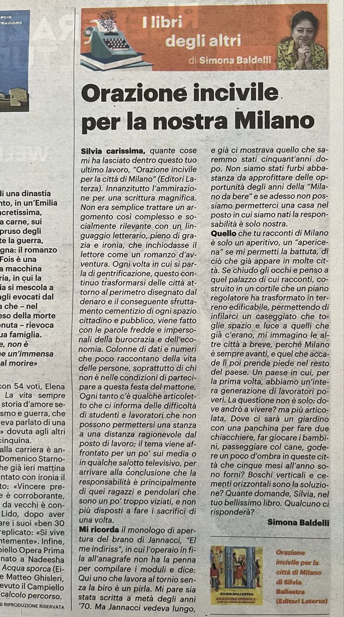 silviaballestra's tweet photo. Oggi sul Resto del Carlino/Il Giorno/la Nazione ho ricevuto una bella lettera dalla bravissima scrittrice Simona Baldelli per la mia Orazione incivile per la città di Milano @editorilaterza. Citazione di Jannacci un colpo al ❤️ https://t.co/4dDzLKY4hy