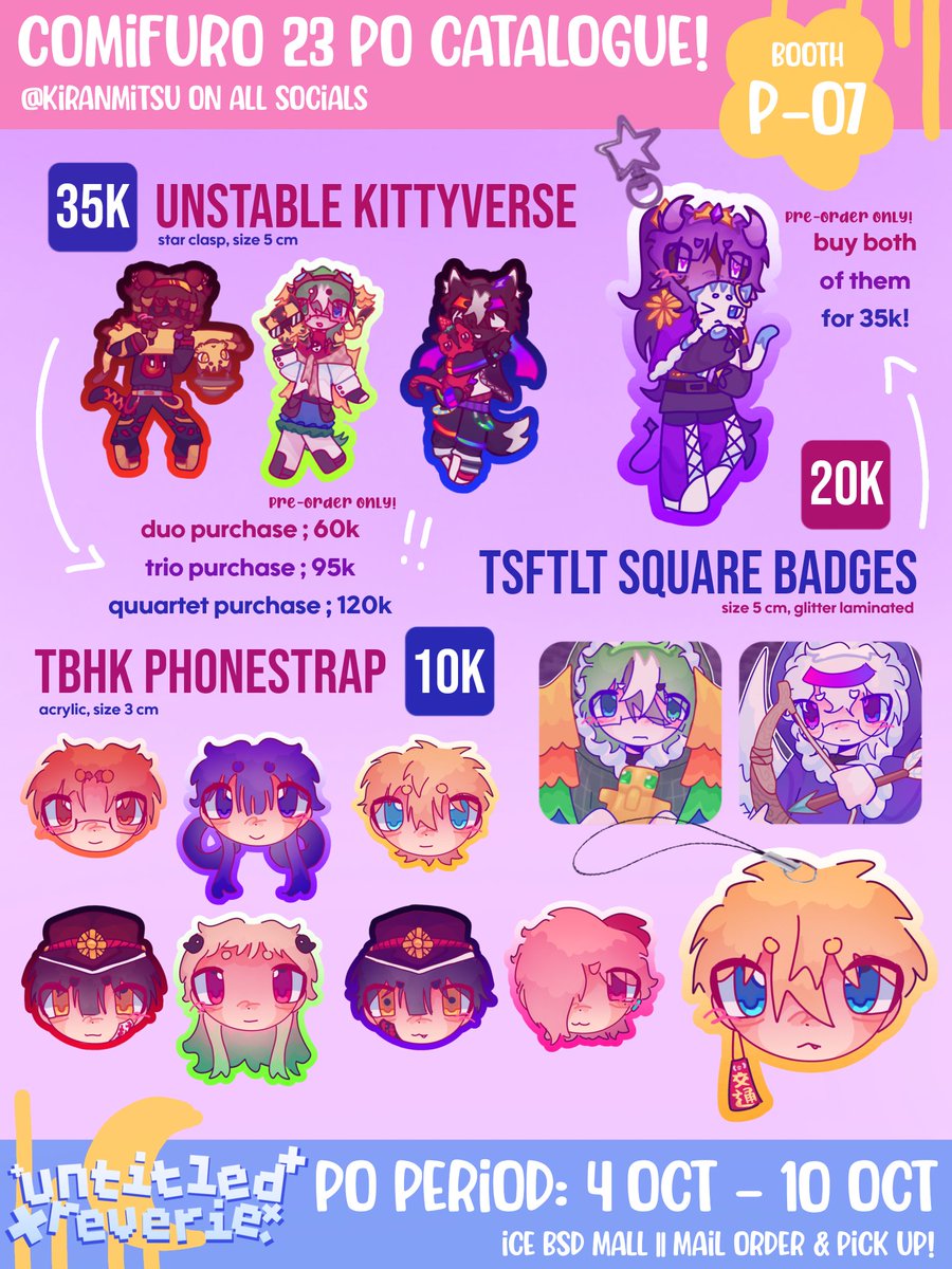 kiranmitsu's tweet photo. [ 🩷 &amp; 🔁 appreciated!! ]
#cf23 #cf23catalogue #comifuro23 hello~ my cf23 po is open now >w<

📆: PO PERIOD 3 Oct - 10 Oct
📍: P-07ab ( booth untitled reverie ) 
📦 : pick up &amp; mail order
✨ : MCYT (Unstable Universe), TSFTLT, Skip &amp; Loafer, TBHK

🔗 : https://t.co/0y71uvcT62 https://t.co/rEjqnS6J6e