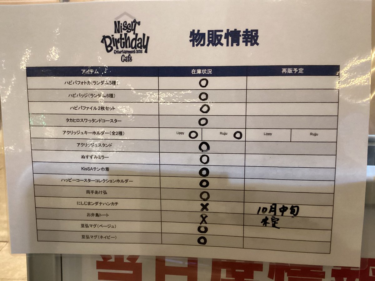 globalgatebox's tweet photo. 10/5(月)
 「Nissy Birthday Entertainment 2026 Cafe」名古屋会場

空席情報のご案内です🎂
当日席が○の回でも状況により×になることがございます。
あらかじめご了承ください。

カフェの詳細・ご予約はこちらから！

https://t.co/3wz2aCxDit

オープン時点でのグッズ販売状況もご案内致します。 https://t.co/lZSEkeWIHh
