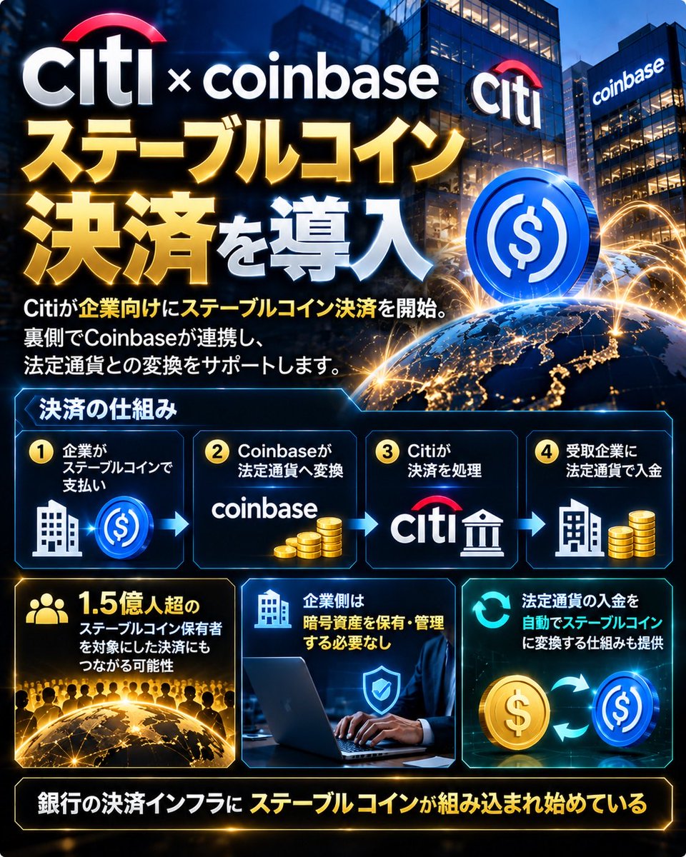 CryptoRabi888's tweet photo. 🚨 Citiが
「ステーブルコイン決済」を
企業向けに導入。

しかも裏側で
Coinbaseが動く。

今回の提携で、

Citiの法人顧客
↓
ステーブルコインで支払い
↓
Coinbaseが法定通貨へ変換
↓
Citiが決済

という仕組みが可能になる。

重要なのは、

企業側が
仮想通貨を保有・管理する必要が
ないこと。

つまり、

「暗号資産を使っているのに
企業は暗号資産を
意識しなくていい」

という形。

さらにCoinbase側では

法定通貨を受け取る
↓
自動的にステーブルコインへ変換

という仕組みも提供。

従来は

銀行
＋
取引所
＋
ウォレット
＋
決済システム

を別々に用意する必要があった。

それをCitiとCoinbaseが
つなげようとしている。

Citiによると
この仕組みは

**1.5億人超の
ステーブルコイン保有者**

を対象にした決済にも
つながる可能性がある。

しかも最初は
米国からスタート。

これは単なる
「Coinbaseと銀行の提携」
ではない。

銀行の決済インフラに
ステーブルコインが
組み込まれ始めている。

仮想通貨が
銀行の外側にある金融商品から

**銀行の中で使われる
決済インフラ**

へ変わり始めている。

#Stablecoin #Coinbase #Citi #Crypto