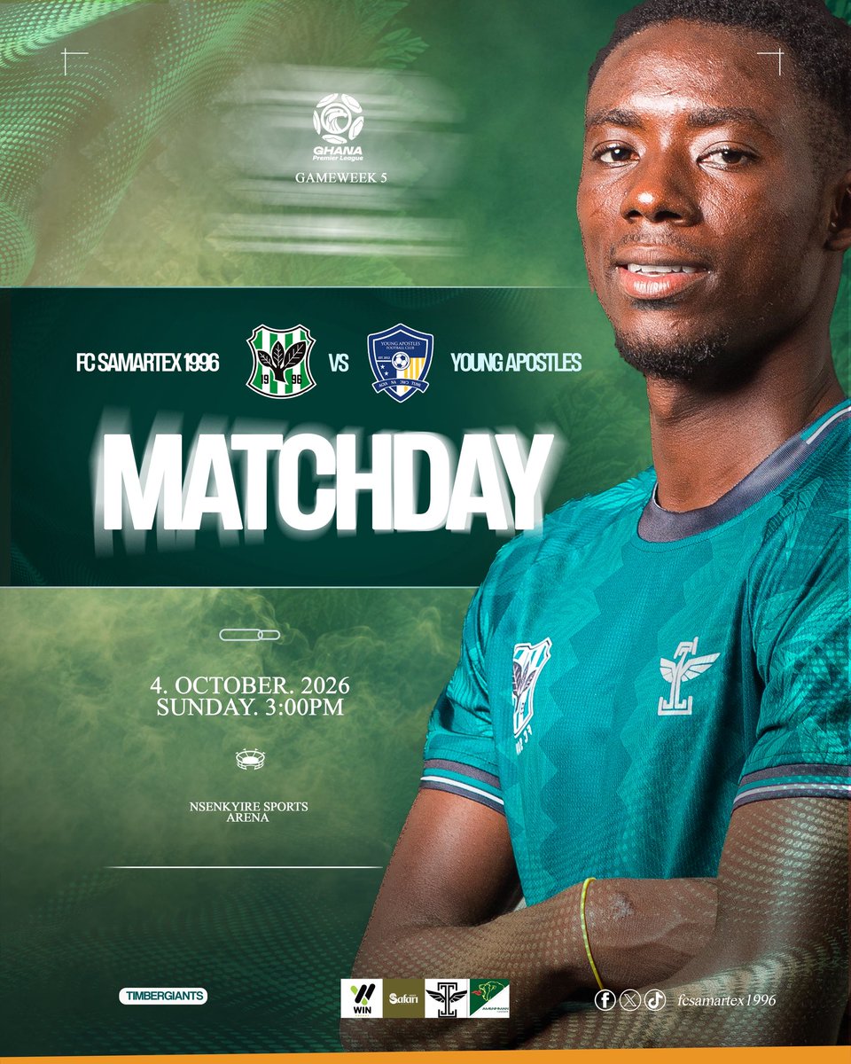 FcSamartex1996's tweet photo. MATCHDAY! 

It’s time to battle at the Nsenkyire Sports Arena! 

FC Samartex 1996 🆚 Young Apostles
🏟️ Nsenkyire Sports Arena

The Timber Giants are ready. Let’s get behind the boys! 

#FCST1996 #TimberGiants #GPL #Matchday https://t.co/YNngZPGIQp