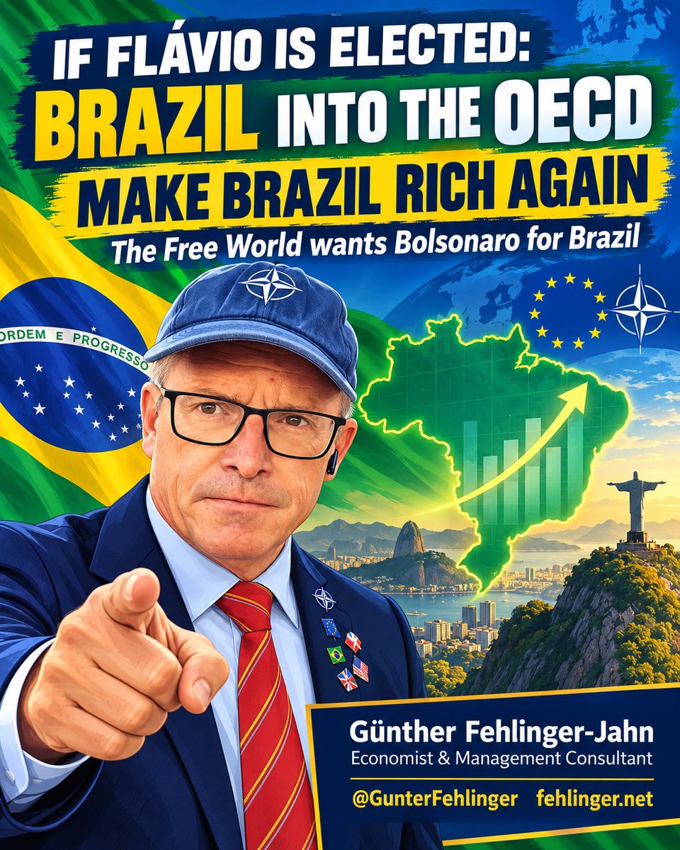 GunterFehlinger's tweet photo. The Free World wants a strong, prosperous and democratic Brazil. 🇧🇷 If Flávio Bolsonaro is elected President, I will campaign internationally for Brazil to complete its OECD accession and anchor itself firmly among the world’s leading market democracies. Brazil has everything it needs to become richer, more competitive and more attractive for investment: freedom, entrepreneurship, lower taxes, legal certainty, open markets and strong partnerships with Europe and the United States. MAKE BRAZIL RICH AGAIN — BRAZIL INTO THE OECD! 🇧🇷🇪🇺🇺🇸 #Brazil2026 #FlavioBolsonaro #OECD #MakeBrazilRichAgain #FreeWorld #Brazil #EconomicFreedom @GunterFehlinger https://t.co/4HINhwoD2M