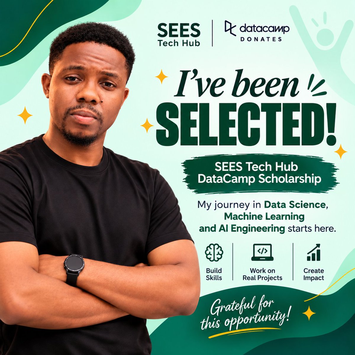 HalfbakedDoctor's tweet photo. I'm excited to share that I've been selected for the SEES Tech Hub DataCamp Scholarship! 

I'll be using this opportunity to build my skills in Data Analysis &amp; AI.

Grateful to SEES Tech Hub and DataCamp Donates for making this possible.

@SEESTechHub @DataCamp Donates https://t.co/gRQEn1eYJe