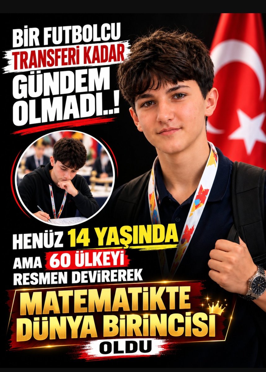 ogretmensitemiz's tweet photo. 14 YAŞINDA MATEMATİKTE DÜNYA BİRİNCİSİ! 60 ÜLKEYİ GERİDE BIRAKTI

Henüz 14 yaşında olan genç öğrenci, uluslararası matematik yarışmasında büyük bir başarıya imza attı.

60 ülkeden öğrencilerin yer aldığı organizasyonda rakiplerini geride bırakarak dünya birincisi oldu. Elde ettiği dereceyle Türkiye'yi gururlandıran genç yetenek, matematik alanındaki başarısıyla dikkatleri üzerine çekti.

Futbol transferlerinin günlerce konuşulduğu bir ortamda, böylesine önemli bir akademik başarının yeterince gündeme gelmemesi ise sosyal medyada eleştiri konusu oldu.

🏆 14 yaşında…
🌍 60 ülke…
🥇 Matematikte dünya birinciliği…

Spor başarılarımız kadar bilimde ve eğitimde elde edilen başarıları da konuşmalı, gençlerimizin emeğini ve başarısını görünür kılmalıyız.

Tebrikler genç şampiyon! 🇹🇷👏