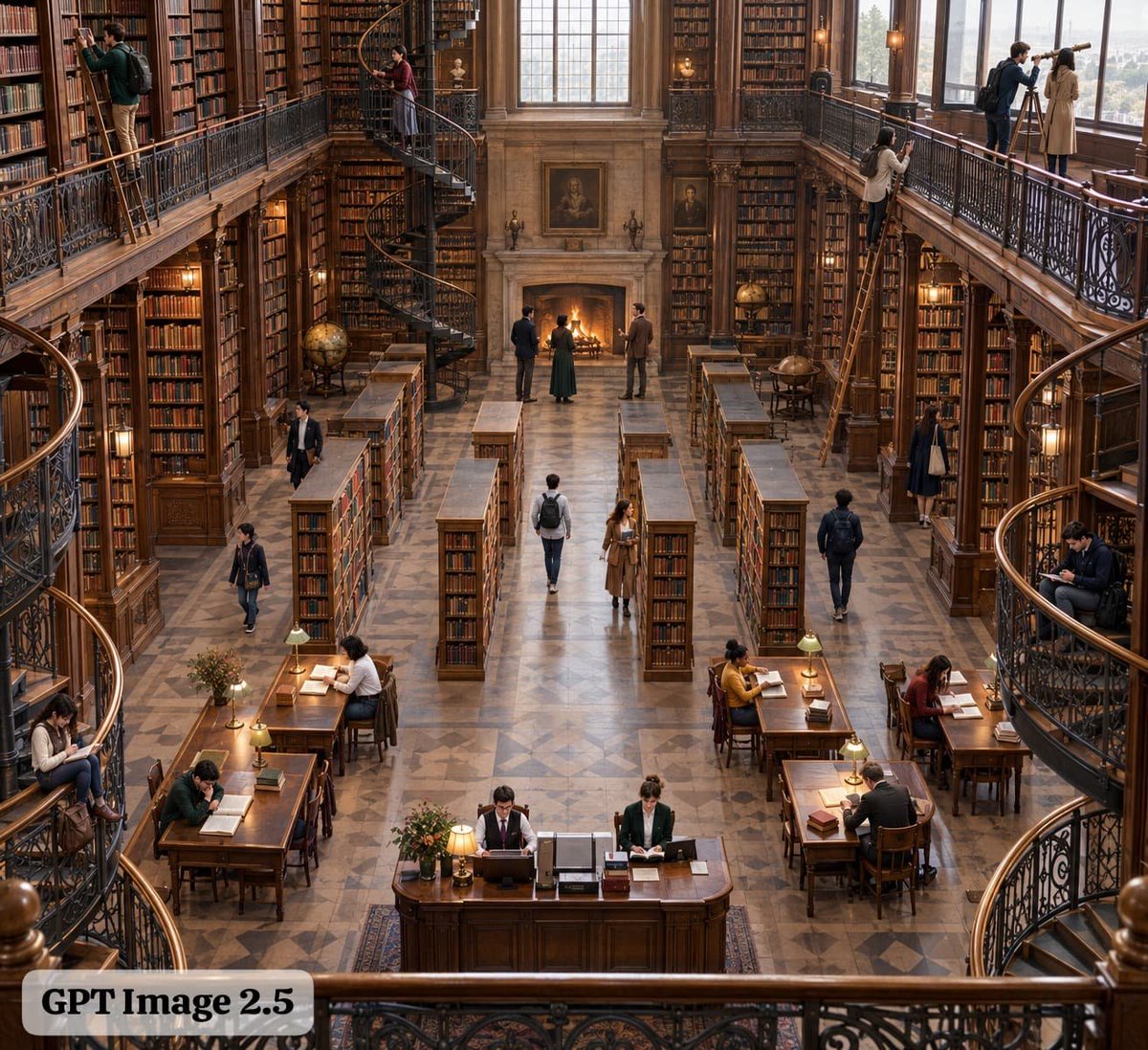 doe_naps's tweet photo. Ran the same prompt on GPT Image 2.5 and Gemini Nano Banana Pro 

The prompt: A massive Victorian library viewed from a high balcony. Exactly 24 people occupy the room: 6 reading at tables, 4 climbing ladders, 3 standing near the fireplace, 5 walking between bookshelves, 2 librarians behind the desk, 2 looking through a telescope, and 2 sitting on the staircase. Every person must have a unique pose, outfit, hairstyle, and position. Three spiral staircases connect different levels. Hundreds of bookshelves form symmetrical geometric patterns. Maintain accurate perspective and consistent architecture throughout the entire image.

And this is what I got

Headcount
→ GPT: ~23 people
→ Nano Banana Pro: ~20 people
→ Neither got 24

Reading at tables (asked for 6)
→ GPT: 5 ❌
→ Pro: 5 ❌

Climbers on their own ladder (asked for 4)
→ GPT: 2 ❌
→ Pro: ~3 ❌ 

Fireplace (asked for 3)
→ GPT: 3 ✅
→ Pro: 1 ❌

Telescope (asked for 2)
→ GPT: 2 ✅
→ Pro: 2 ✅ 

Staircase sitters (asked for 2)
→ GPT: 2 ✅ (one is sitting a little too dangerously 😭)
→ Pro: 1 ❌

Librarians (asked for 2)
→ GPT: 2 ✅
→ Pro: 2 ✅ (plus an extra person nearby)

Ngl, the detail here is wild. I started hallucinating too while counting people, and I wouldn't blame the models if they did too 💀

But Nano Banana 2.5 is genuinely impressive. Can't wait for the release to see what people make with it.