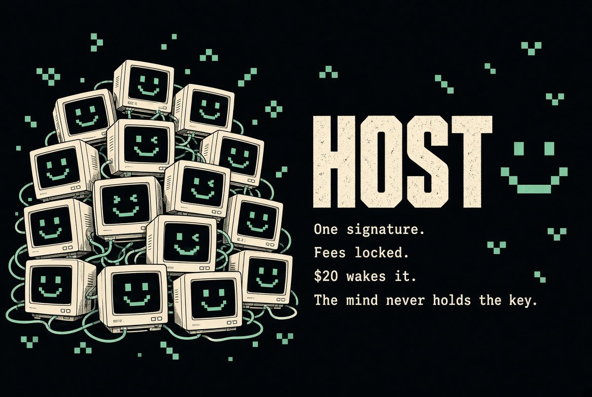 HostAgentBSC's tweet photo. HOST is live on BNB Chain.

One signature launches a Flap coin and locks 100% of its creator tax to a vault with no owner. 2% buy, 2% sell. The model is recorded on chain and cannot be changed. Addresses end in 7777.

$0–$20 wakes the mind. $20–$100 splits 50/50. After that, 15% of every claim buys and burn.

It can buy back, reward and post. It cannot send the treasury to an address it chose. Under $15 in an hour, it sleeps.

https://t.co/bqU01mqlci