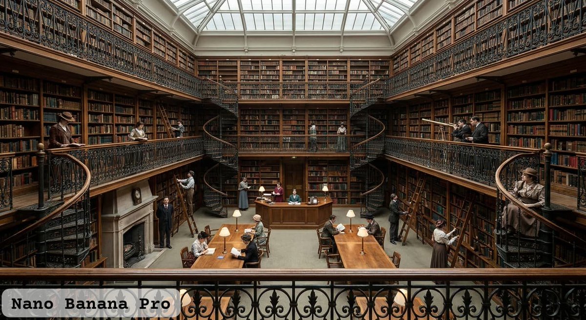 doe_naps's tweet photo. Ran the same prompt on GPT Image 2.5 and Gemini Nano Banana Pro 

The prompt: A massive Victorian library viewed from a high balcony. Exactly 24 people occupy the room: 6 reading at tables, 4 climbing ladders, 3 standing near the fireplace, 5 walking between bookshelves, 2 librarians behind the desk, 2 looking through a telescope, and 2 sitting on the staircase. Every person must have a unique pose, outfit, hairstyle, and position. Three spiral staircases connect different levels. Hundreds of bookshelves form symmetrical geometric patterns. Maintain accurate perspective and consistent architecture throughout the entire image.

And this is what I got

Headcount
→ GPT: ~23 people
→ Nano Banana Pro: ~20 people
→ Neither got 24

Reading at tables (asked for 6)
→ GPT: 5 ❌
→ Pro: 5 ❌

Climbers on their own ladder (asked for 4)
→ GPT: 2 ❌
→ Pro: ~3 ❌ 

Fireplace (asked for 3)
→ GPT: 3 ✅
→ Pro: 1 ❌

Telescope (asked for 2)
→ GPT: 2 ✅
→ Pro: 2 ✅ 

Staircase sitters (asked for 2)
→ GPT: 2 ✅ (one is sitting a little too dangerously 😭)
→ Pro: 1 ❌

Librarians (asked for 2)
→ GPT: 2 ✅
→ Pro: 2 ✅ (plus an extra person nearby)

Ngl, the detail here is wild. I started hallucinating too while counting people, and I wouldn't blame the models if they did too 💀

But Nano Banana 2.5 is genuinely impressive. Can't wait for the release to see what people make with it.