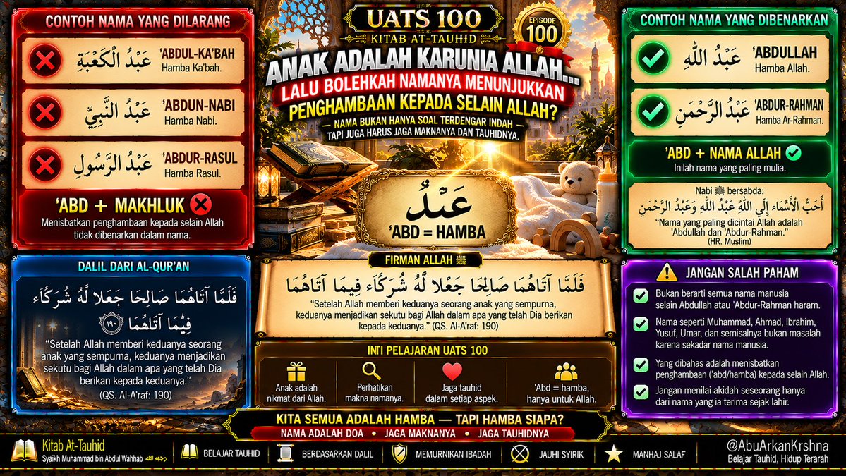 krshnasulanjana's tweet photo. 📖 UATS 100
‘Abd = HAMBA.
Nama bukan hanya soal terdengar indah. Jangan sampai maknanya menisbatkan penghambaan kepada selain Allah.
KITA SEMUA ADALAH HAMBA — TAPI HAMBA SIAPA?
عَبْدُ اللَّهِ
#AbuArkanKrshna #KitabTauhid #BelajarTauhid https://t.co/Ipiz0U3TsV