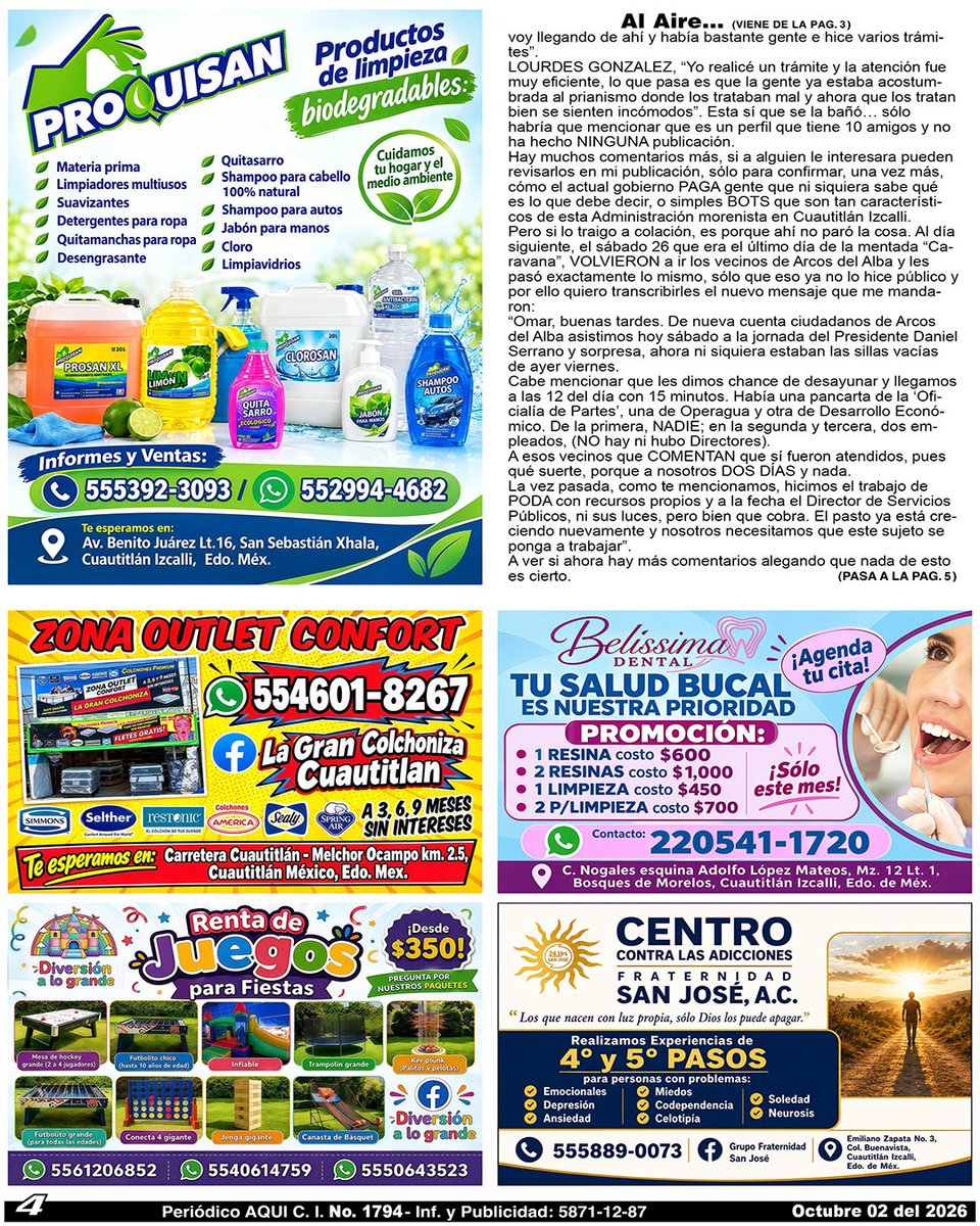 periodicoAQUI's tweet photo. #productosdelimpieza #OutletDeColchones #dentista #juegosparafiestas #atenciondeadicciones #OmarTapia #AQUICUAUTITLÁNIZCALLI
Compártelo, puede ser de utilidad para alguien.
Nuestra Edición Completa en:
https://t.co/nhsGHRahBI https://t.co/WtEfV97l3O