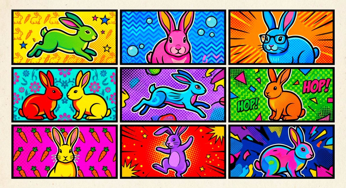 unica_art_'s tweet photo. Rabbits meet Pop Art! 🐰✨ My latest AI creation reimagines a furry friend in the iconic, vibrant style of Andy Warhol. Which color palette is your favorite? 🎨💥 #PopArt #WarholStyle #DigitalArt #AIArt #RabbitArt #CreativeVibes https://t.co/AcyTRL4SZ5