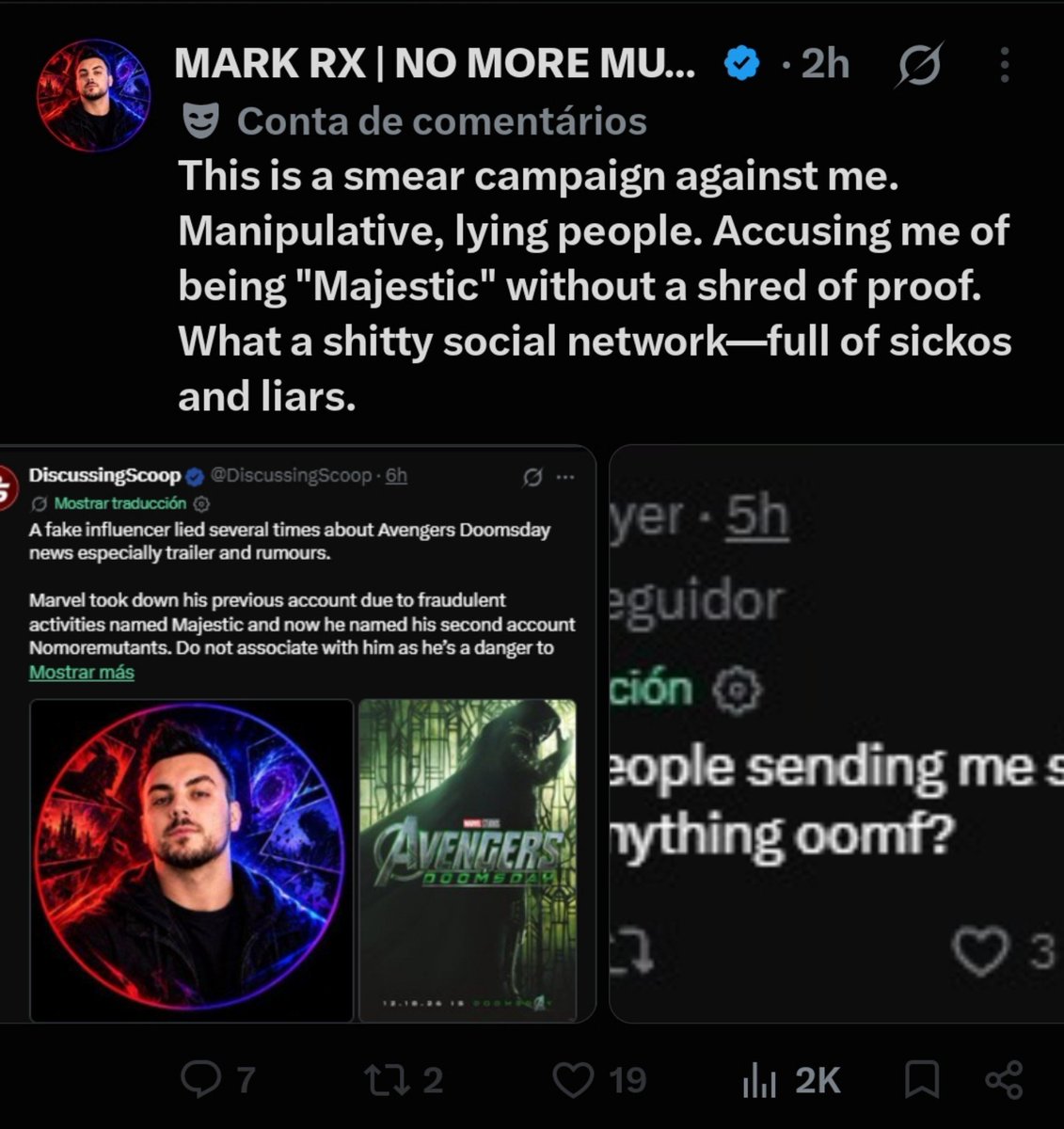 AgathaArkenis's tweet photo. More evidence that Nomoremutants may actually be Majestic, the former X user banned from the platform

His screenshots show “Mostrar traducción” and “Cuenta de seguidor” indicating Spanish as his original language, despite pretending to speak English, Majestic was also Spanish. https://t.co/jQ3lr4uqeo