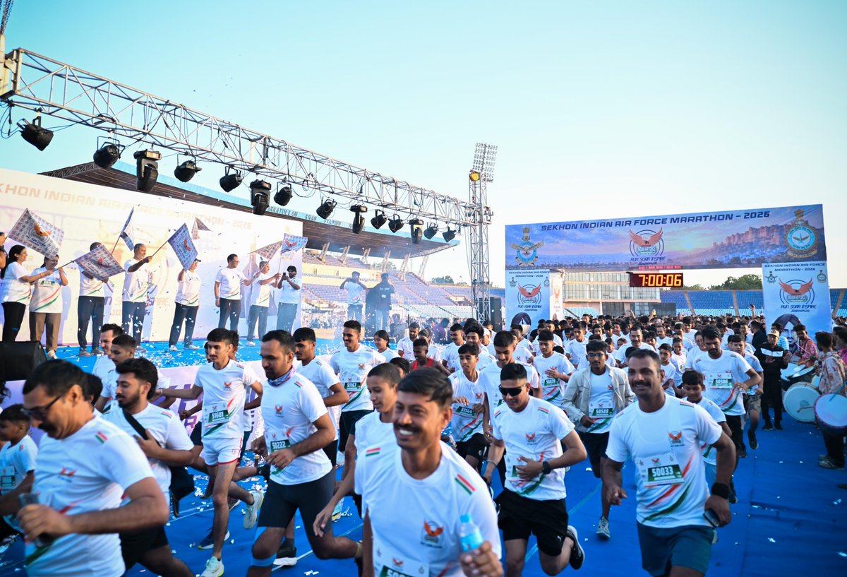 SWAC_IAF's tweet photo. South Western Air Command organised the #SekhonIAFMarathon2026 at Jodhpur, honouring the valour and supreme sacrifice of Flying Officer Nirmal Jit Singh Sekhon, PVC. Beyond Jodhpur, the spirit of the Sekhon Indian Air Force Marathon 2026 resonated across the SWAC AoR and over 15,000 participants running in unison.

The marathon at Jodhpur was a special event, conducted as part of the multinational Exercise - Tarang Shakti and witnessed over 4,000 participants, including Friendly Foreign Country personnel, Air Warriors, families and citizens, celebrating fitness, unity and international camaraderie under the theme ‘Power in Partnership’.

The event featured 5 km, 10 km, and 21 km runs, which were flagged off by various dignitaries including Air Marshal PV Shivanand, AOC-in-C SWAC, AVM GS Bhullar, SOA HQ SWAC, Shri Rahul Jain, Commissioner JNN. The event transformed Jodhpur’s iconic streets into a vibrant celebration of sporting spirit and shared values.

Excellent support by the civil administration and Commissioner of Police, Jodhpur, embodied discipline, teamwork and patriotism. The Sekhon marathon Jodhpur was a grand success, promoting wellness, camaraderie and national pride among all age groups.

#SekhonIndianAirForceMarathon
#IAF #IndianAirForce #94YearsOfIAF

@SpokespersonMoD 
@IAF_MCC 
@DefencePRO_Guj 
@PRODefRjsthn 
@adgpi 
@DefPROMumbai
@JodhpurDm
@DIPRRajasthan
@CP_Jodhpur