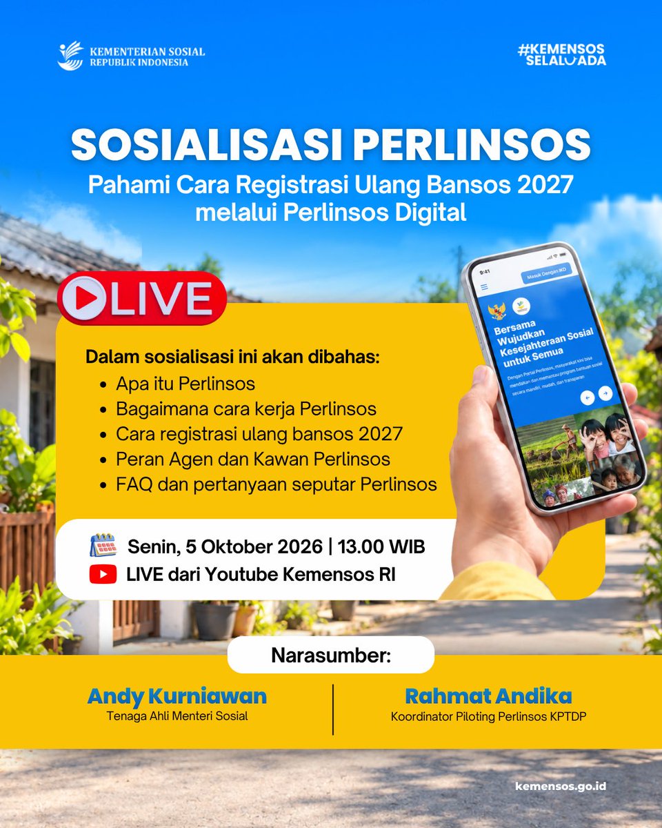 KemensosRI's tweet photo. Yuk kenali lebih dekat Perlinsos Digital 🙌🏻

Dalam Sosialisasi Perlinsos, akan dibahas tuntas apa itu Perlinsos, bagaimana cara kerjanya, cara registrasi ulang bansos 2027, hingga peran Agen dan Kawan Perlinsos. 

Jangan sampai ketinggalan ya!

#PerlinsosDigital #PeduliTetangga https://t.co/rhL2ej9KbU