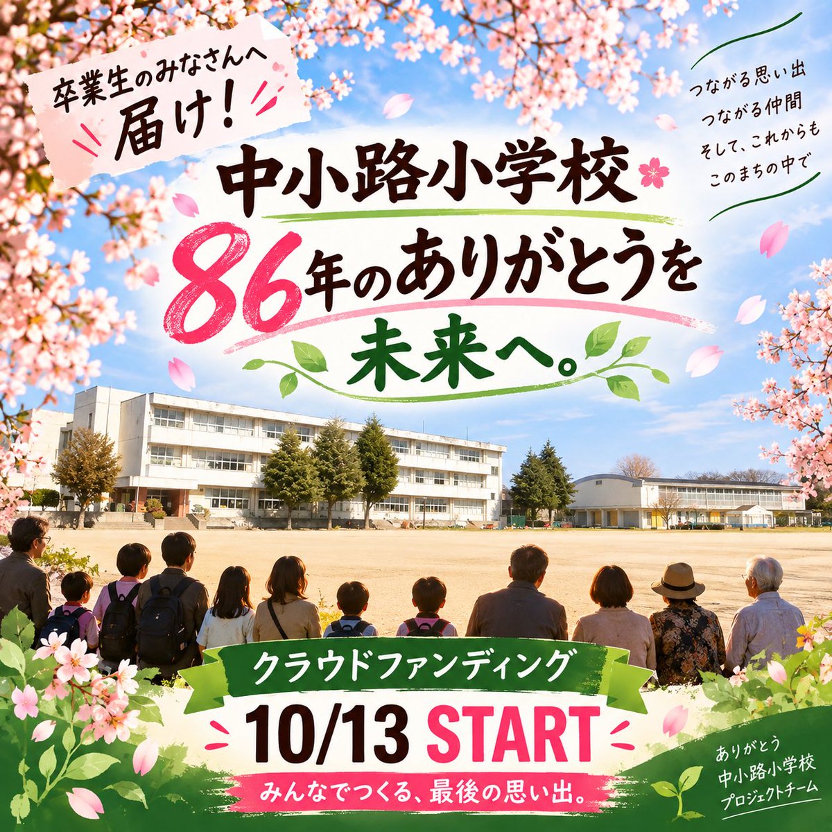 mabu_efishing's tweet photo. 【拡散希望📣 】
中小路小学校の卒業生に届け！

86年間の「ありがとう」を未来へ🌸

来年3月に閉校する中小路小学校。
卒業生・在校生・先生・地域のみんなで、最後の思い出をつくりたい！

私もプロジェクトチームの事務局長として準備を進めています。

📣クラウドファンディング
10/13（火）7:00 START！

ご支援はもちろん、シェア・拡散も大きな応援です！
開始前の「お気に入り登録」もぜひ🙇

⁠ https://t.co/eVIRiXJzvZ

#中小路小学校 #日立市 #草地まなぶ