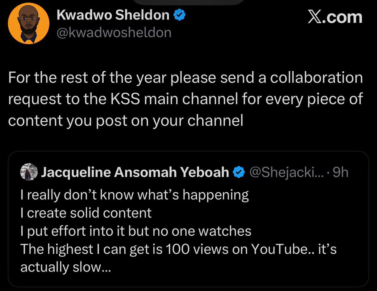 Shejackiesays's tweet photo. A must read ‼️‼️‼️

I’ll never forget October 1, 2026 Especially what happened to me as a content creator.
The day before, September 30, I spiralled.
I had just returned from Damongo. I hadn’t really rested, but I went out to shoot content because I needed to get it to my graphics guy for some animations.
While filming at Lapaz, we were confronted by some hawkers who thought we were recording them so authorities could come and drive them away from the roadside. A guy grabbed my phone, people gathered around us and, for a moment, it felt like things could get really bad.

It was embarrassing. It was exhausting. And honestly, it got to me
That night, I went on X and talked about how low my views had been. It wasn’t the first time I had felt that way, but something about that day broke me a little.
I posted and I slept.

Then I woke up. I saw plenty notifications 

“KSS sent me.”

I started seeing the comments under my video.
At first, I thought it was the usual repost. But it wasn’t.

Then I opened X
@kwadwosheldon  had reposted my content, acknowledged the work I’ve been doing and told people I deserved the views. He went even further and offered to have me collaborate with his page from now until the end of the year.
 and personally messaged me, encouraged me and told me not to give up.
And then the love started coming.
People I didn’t even know started finding me. Sharing my work. Subscribing. Sending me messages. Giving me feedback.

In less than 24 hours, I gained over 1,000 subscribers.
The video is closing in on 60,000 views.
Then @EiiScanty came through too. And so many other people shared the video that I honestly can’t name everyone.
I also woke up to other good news from opportunities I had applied for months ago.

Then, as if that wasn’t enough, I received the most beautiful message from a young man I’ve been supporting over the past few months, telling me how much my presence had meant to him.
I cried.
Because sometimes life gives you so many reminders in one day that you can’t help but stop and say, “God, I hear You.”
And then came the moment that completely finished me.

Sheldon posted a video and, at the end, mentioned my name and asked people to go subscribe to my channel.
That meant more to me than I can properly explain.

Sheldon, you are my brother. You’ve seen my work for a while, and I know this wasn’t just about one post or one bad day.
I genuinely appreciate you for seeing me, encouraging me and using your platform to open a door for me.
You didn’t have to do any of this. But you did. And I will never forget it.
May God bless you tremendously. May He continue to enlarge your territory and keep you as one of the people pushing the new media space forward.
To Scanty, everyone who reposted, subscribed, commented, sent me a DM, gave me constructive criticism about my thumbnails, content and channel, and everyone who simply said “keep going” thank you.

I have read so many of your messages.

I’m listening. I’m learning. And I’m taking the feedback seriously.
Yesterday I was questioning my journey. Today, I’m reminded why I must keep going.
October 1, 2026.
I will never forget you