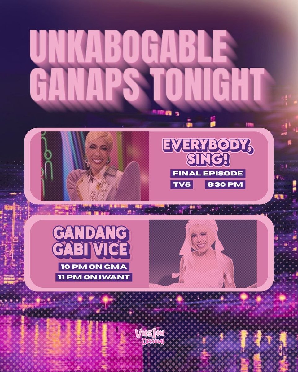 ViceIonOFC's tweet photo. Sunday is VG day! Catch #ViceGanda on these shows tonight! #EverybodySingPH #GGVonGMA https://t.co/R37sv0TPQt