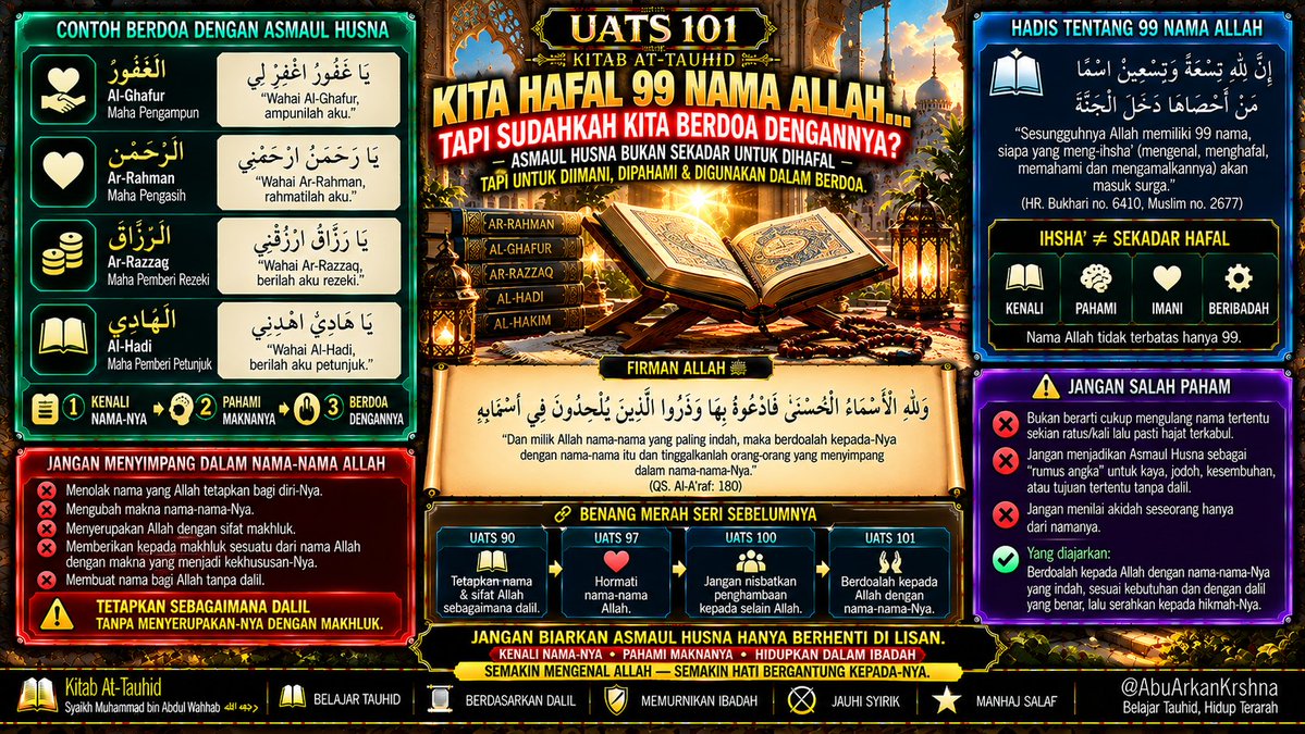 krshnasulanjana's tweet photo. 📖 UATS 101
Asmaul Husna bukan sekadar untuk dihafal.
“Berdoalah kepada-Nya dengan nama-nama itu.”
(QS. Al-A‘raf: 180)
KENALI → PAHAMI → BERDOA
Jangan hanya berhenti di lisan.
#AbuArkanKrshna #KitabTauhid #BelajarTauhid https://t.co/grpa8F3E3F