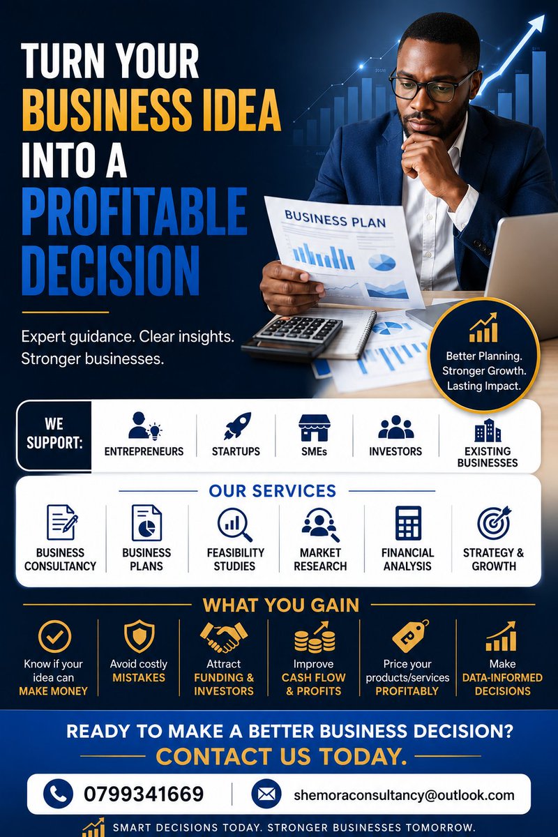 SHEM07993416's tweet photo. Make Better Business Decisions. Build with Confidence.
Starting a business, expanding an existing one, or facing challenges with profitability? The right information can make the difference.
At Shemora Consultancy Ltd, we help businesses and entrepreneurs make informed decisions https://t.co/eOqYpqo3tm