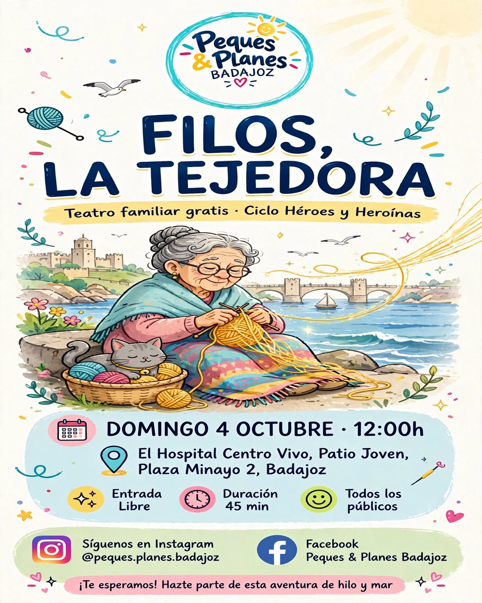 pequesplanesbjz's tweet photo. ¡HOY! A las 12:00h en  @El_Hospital_ 
FILOS, LA TEJEDORA - Teatro familiar gratis
Una anciana, su gata Marina y una aventura para ayudar a Penélope a encontrar a Ulises. 45 min de mitología, aventura y superación.
Entrada libre hasta
completar aforo 
#PequesPlanesBadajoz https://t.co/MTjqBZ7XLt