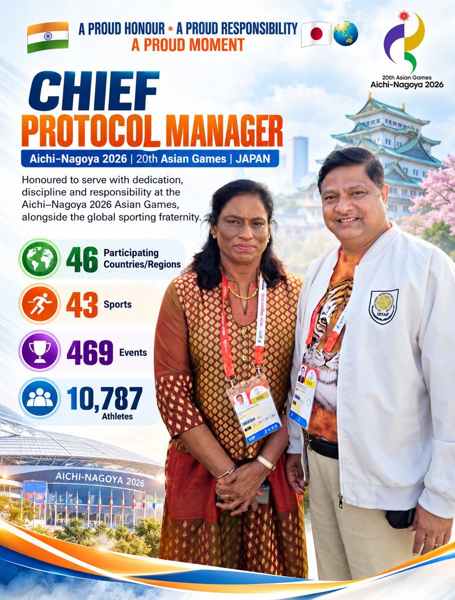 SureshPerika's tweet photo. A proud honour and a greater responsibility. 🇮🇳🇯🇵

Honoured to serve as Chief Protocol Manager at the 20th Asian Games, Aichi-Nagoya 2026, representing India on this prestigious international sporting stage.

#AsianGames2026 #AichiNagoya2026 #TeamIndia https://t.co/d5poevQ671