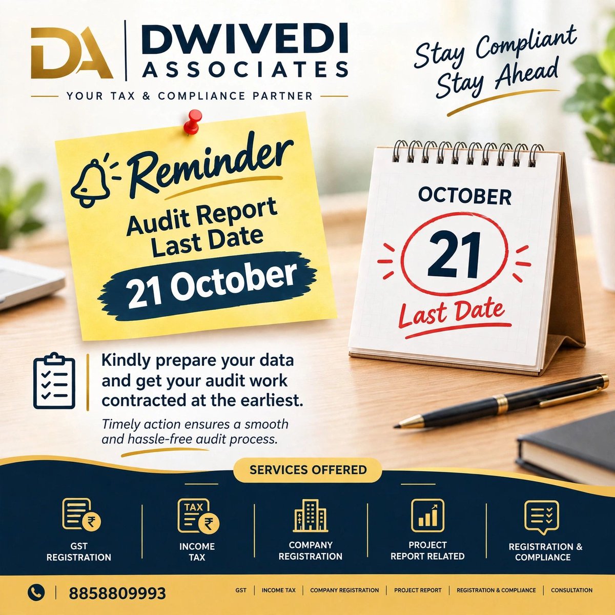 AmitDwivedi223's tweet photo. *Dwivedi Associates | Your Tax & Compliance Partner*
🔔 *Reminder: Audit Report Last Date – 21 October
#DwivediAssociates #TaxCompliance #AuditReport #IncomeTax #GST #CompanyRegistration #ProjectReport #RegistrationAndCompliance #TaxConsultant #AuditReminder #LucknowBusiness https://t.co/IqamNaeaMO