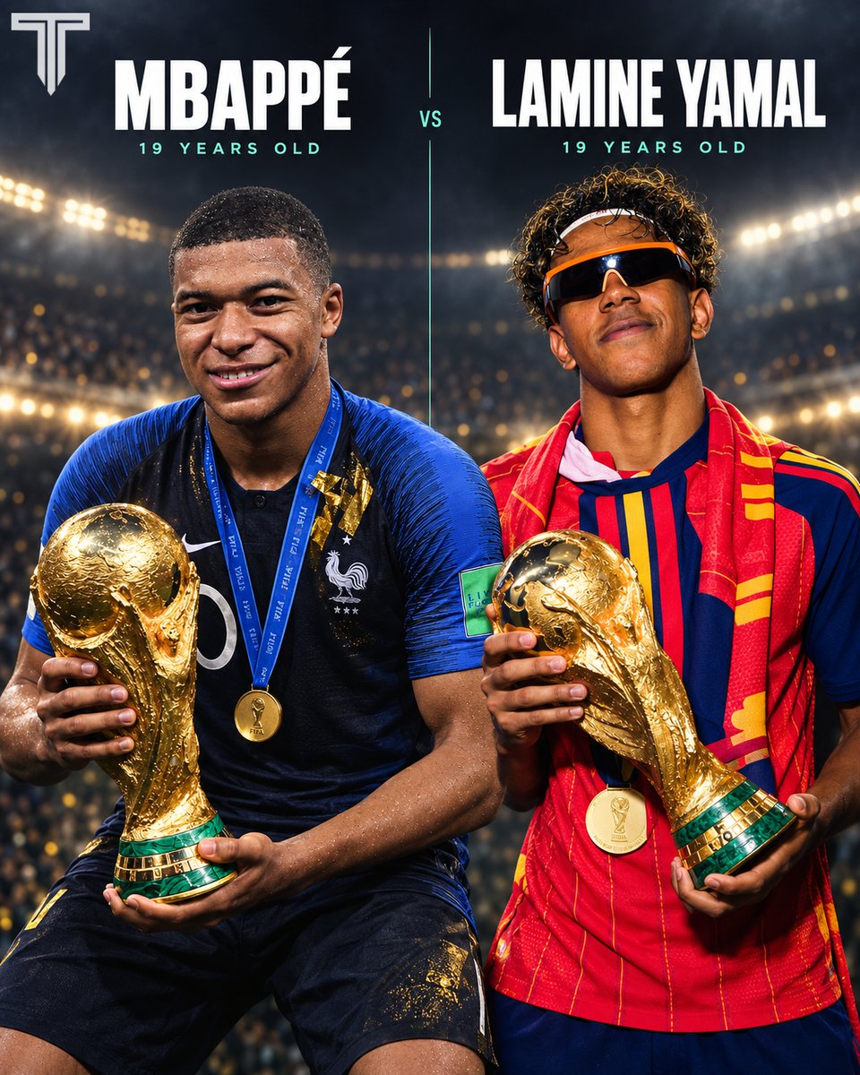 TouchlineX's tweet photo. 🚨 𝗡𝗘𝗪: Fans on social media have been debating which player was the bigger GENERATIONAL talent at the age of 19:

Kylian Mbappé or Lamine Yamal? 👀 https://t.co/RiGfX8GPHJ