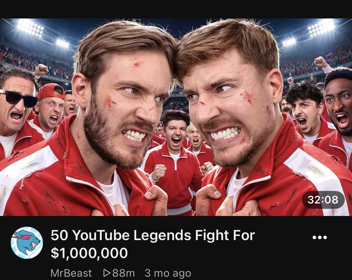 MrBeastInsights's tweet photo. MrBeast has PewDiePie in the thumbnail for his “50 YouTube Legends Fight For $1,000,000” video despite PewDiePie not appearing in it.

This seems like a desperate move to boost views, since the video is still below 100 million views even after 3 months. https://t.co/i1Ctkp2XfQ