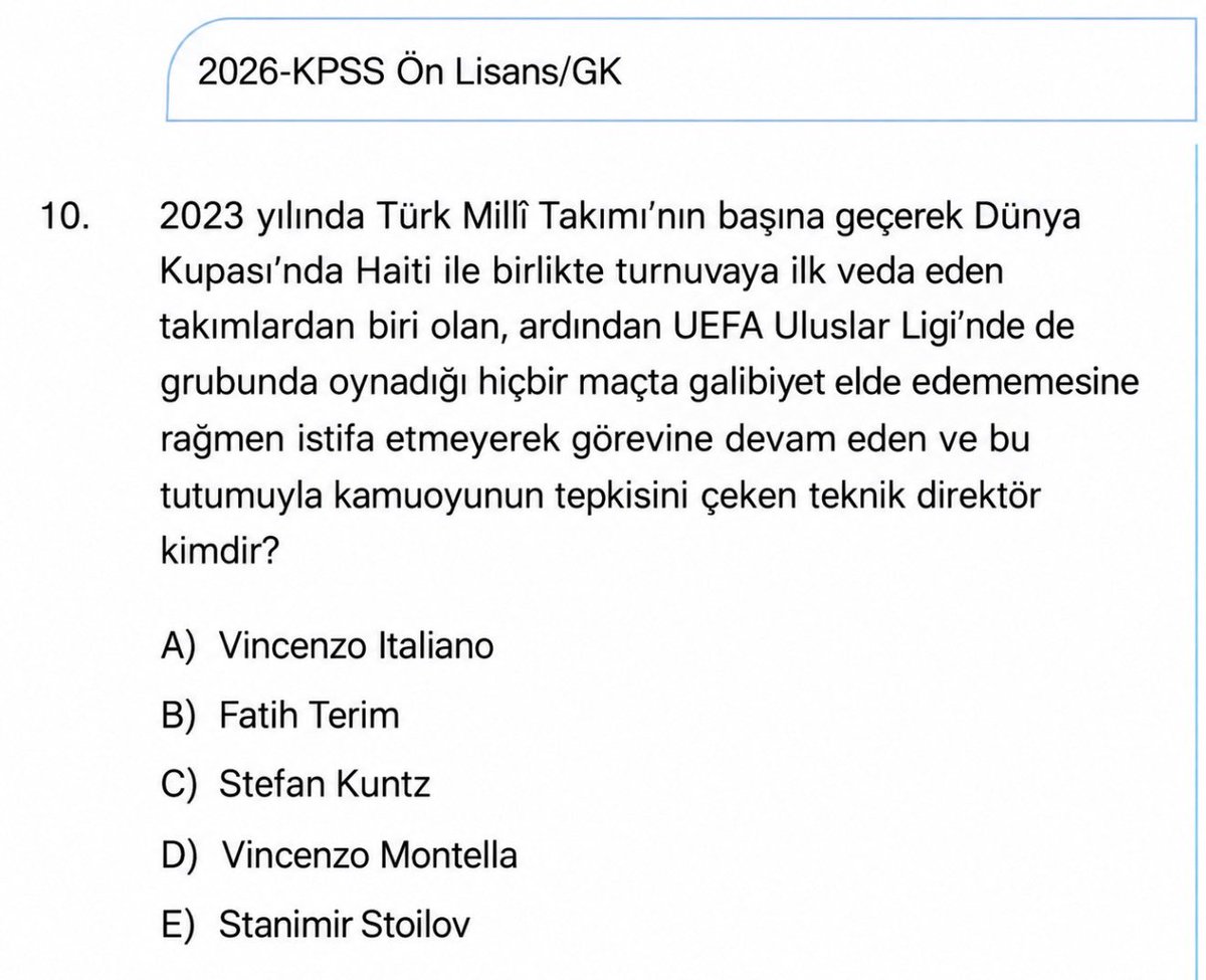 Scfutboll's tweet photo. 2026 KPSS Ön Lisans'ta sorulan bir Genel Kültür sorusu.
#kpssönlisans https://t.co/0ezQVFbeSd