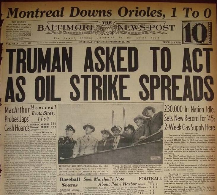 wrkclasshistory's tweet photo. #OtD 4 October 1945 US President Harry S. Truman ordered the Navy to seize half of the US's oil refining capacity in order to break a three-week strike of the nation's oil workers. More info in this excellent book: https://t.co/9koA7M3tWO https://t.co/JsZ5V3sYQj