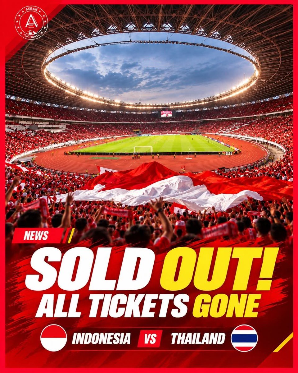 theaseanball's tweet photo. 🎟 SOLD OUT! 67,000 TICKETS GONE FOR INDONESIA vs THAILAND! 🇮🇩🇹🇭

According to information from the Indonesian Football Association, all 67,000 tickets allocated for the FIFA ASEAN Cup 2026 — Division 1 Final between  Indonesia and  Thailand have officially SOLD OUT. 🔥 https://t.co/nQj3TZAtnC