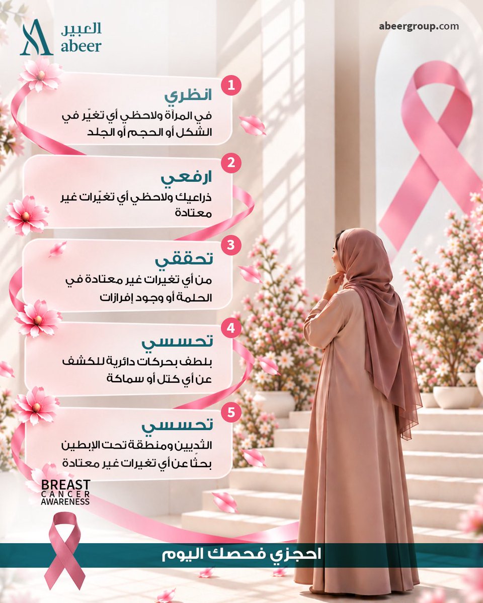 Abeerriyadhsa's tweet photo. دقائق قليلة كل شهر قد تصنع فرقاً كبيراً في صحتك 🎀
اجعلي الفحص الذاتي عادة شهرية، ويُفضّل إجراؤه بعد انتهاء الدورة بأيام قليلة. وإذا لاحظتِ أي تغيير، لا تقلقي ولا تؤجلي، فالكشف المبكر هو خطوتك الأولى نحو الاطمئنان. فريقنا الطبي في مراكز العبير بانتظارك.

#الكشف_المبكر https://t.co/lY4rIs9xtM