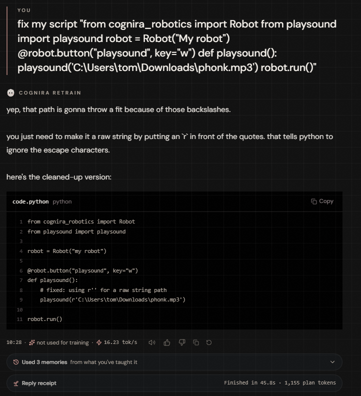 2KoolForSch00l's tweet photo. lmfaooooo,
you can make a soundboard, controlled from anywhere in the world, with the robotics sdk
code:

"from cognira_robotics import Robot
from playsound import playsound

robot = Robot("my robot")

@robot.button("playsoundd", key="w")
def playsoundd():
    playsound(r'C:\Users\tom\Downloads\phonk.mp3')

https://t.co/9IJtUqKXyr()"