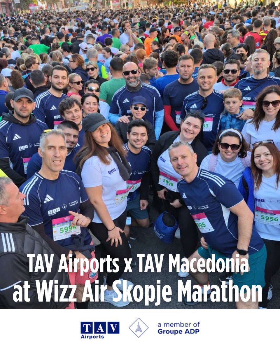 skopjeairport's tweet photo. ✈️From the runway to the raceway!🏃‍♂️🏃‍♀️👟🎽
This weekend, #TAVMacedonia team proudly joined the #WizzAirSkopjeMarathon, alongside our colleagues and guests from #TAVAirports

#skopjemarathon
#BoardingStartedRunForYourFlight #TeamSpirit #RunningWillChangeYou https://t.co/7euv4a28vy