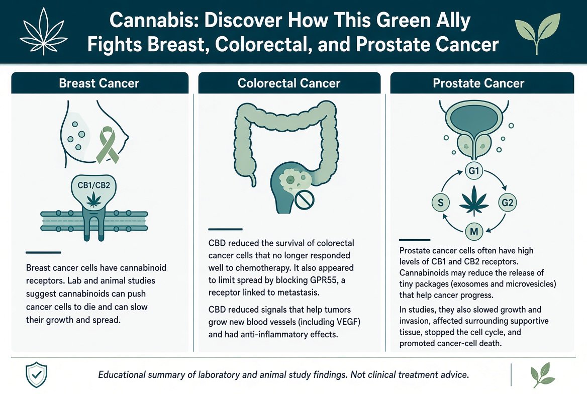 marclanders's tweet photo. Cannabis: Discover How This Green Ally Fights Breast, Colorectal, and Prostate Cancer!

Breast cancer: Breast cancer cells have cannabinoid receptors.

Lab and animal studies suggest cannabinoids can push cancer cells to die and can slow their growth and spread.

Colorectal cancer: CBD reduced the survival of colorectal cancer cells that no longer responded well to chemotherapy.

It also appeared to limit spread by blocking GPR55, a receptor linked to metastasis.

CBD reduced signals that help tumors grow new blood vessels (including VEGF) and had anti-inflammatory effects.

Prostate cancer: Prostate cancer cells often have high levels of CB1 and CB2 receptors.

Cannabinoids may reduce the release of tiny packages (exosomes and microvesicles) that help cancer progress.

In studies, they also slowed growth and invasion, affected surrounding supportive tissue, stopped the cell cycle, and promoted cancer-cell death.
https://t.co/DkxHMdeX38