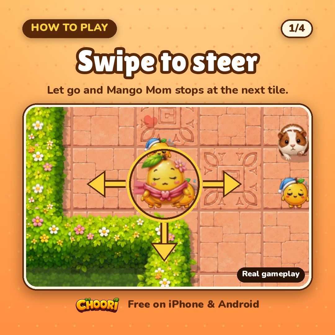 Siavashsibi's tweet photo. How to play Choori, in 4 pictures 👇

1. Swipe to steer Mango Mom.
2. Her Mango Kids follow in a long line. Turns get tricky.
3. A pig runs into Mom? -1 heart.
4. All home = up to 3 stars.

I made it. Free:
iPhone: https://t.co/AFHYr30tGo
Android: https://t.co/xz5BUQIJvr https://t.co/rFe8YYypPT