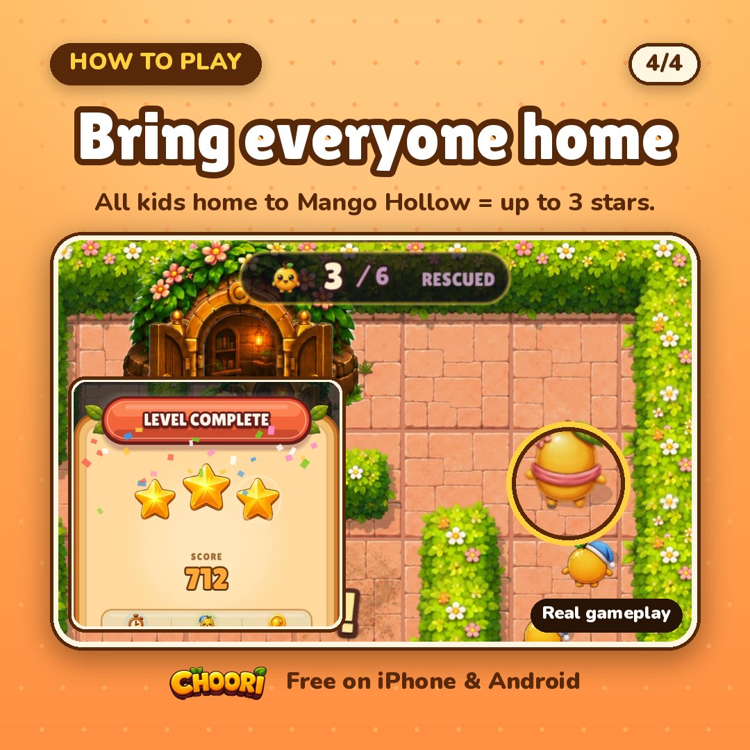 Siavashsibi's tweet photo. How to play Choori, in 4 pictures 👇

1. Swipe to steer Mango Mom.
2. Her Mango Kids follow in a long line. Turns get tricky.
3. A pig runs into Mom? -1 heart.
4. All home = up to 3 stars.

I made it. Free:
iPhone: https://t.co/AFHYr30tGo
Android: https://t.co/xz5BUQIJvr https://t.co/rFe8YYypPT