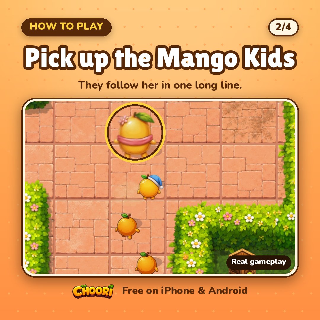 Siavashsibi's tweet photo. How to play Choori, in 4 pictures 👇

1. Swipe to steer Mango Mom.
2. Her Mango Kids follow in a long line. Turns get tricky.
3. A pig runs into Mom? -1 heart.
4. All home = up to 3 stars.

I made it. Free:
iPhone: https://t.co/AFHYr30tGo
Android: https://t.co/xz5BUQIJvr https://t.co/rFe8YYypPT