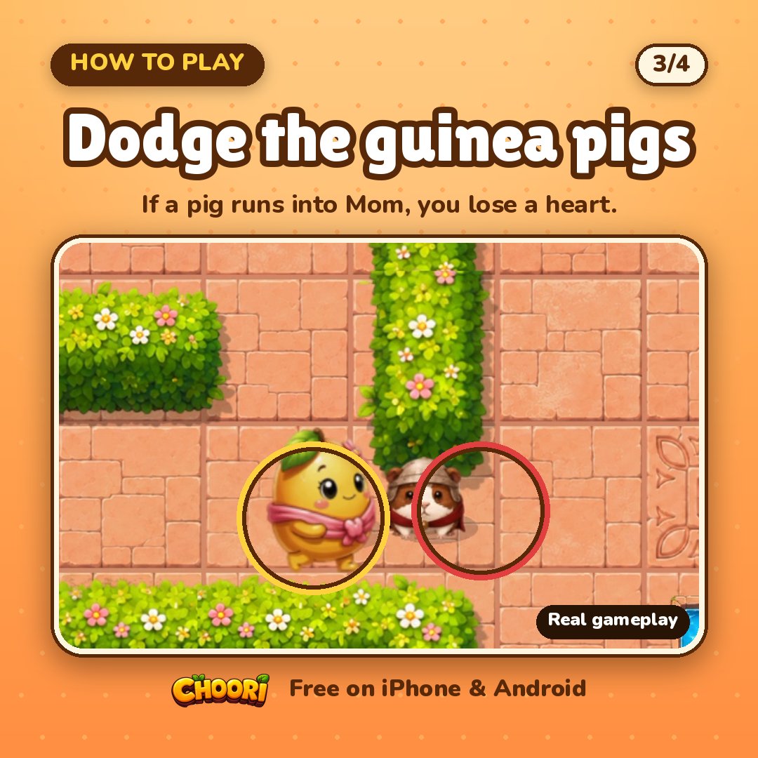 Siavashsibi's tweet photo. How to play Choori, in 4 pictures 👇

1. Swipe to steer Mango Mom.
2. Her Mango Kids follow in a long line. Turns get tricky.
3. A pig runs into Mom? -1 heart.
4. All home = up to 3 stars.

I made it. Free:
iPhone: https://t.co/AFHYr30tGo
Android: https://t.co/xz5BUQIJvr https://t.co/rFe8YYypPT