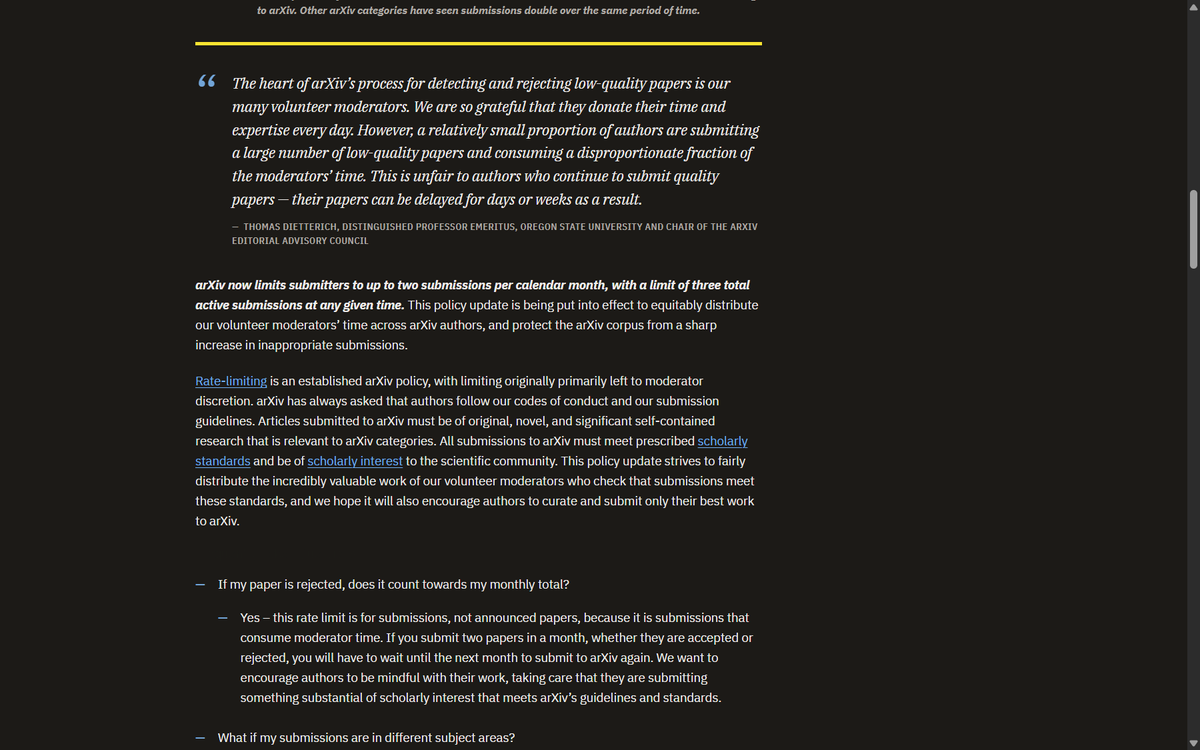 Secretof_forest's tweet photo. arXiv now caps submitters at two papers per calendar month, three active at a time. September brought 40,363 submissions, up from 20,569 two years earlier, and nearly 9,000 support tickets. It calls the cap a stopgap while it retools moderation.
https://t.co/lPblU9EutI https://t.co/k7qZMwTNLQ