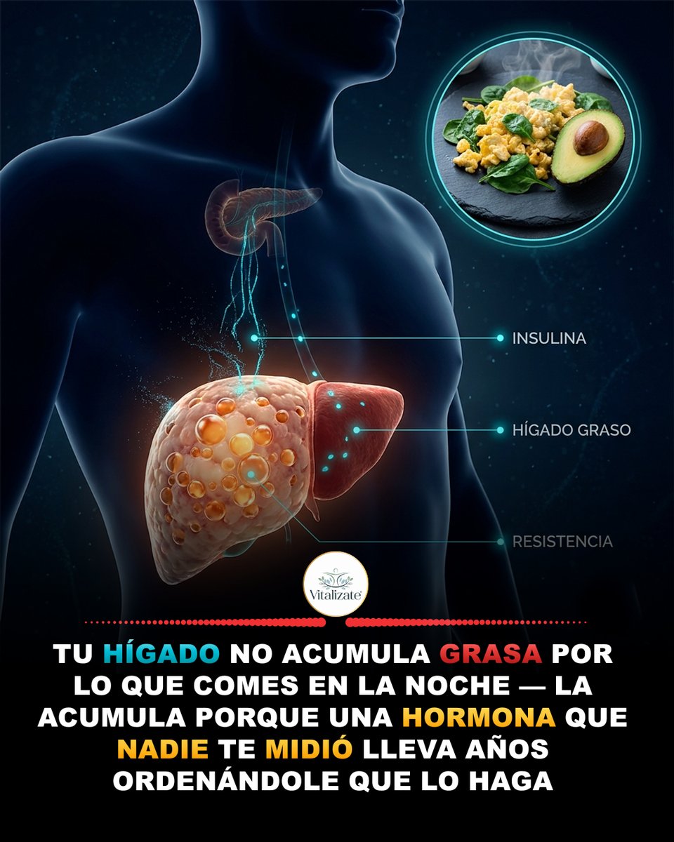 Vitalizate_ya's tweet photo. EL PORTERO SORDO DE TU HÍGADO: deja entrar la grasa y nunca la deja salir.

Son las once y media. Te sirves el arroz que sobró, o dos galletas con café, y camino a la cama te dices que mañana lo compensas. Seis meses después la ecografía dice «hígado graso» y el médico, sin mala intención, suelta lo de siempre: cena temprano, menos carbohidratos. Pero tú ya cenas temprano. Tú ya cuidas el plato. Y aun así la cintura sigue ahí y la glucosa sale «normal» en los análisis. Durante años te repitieron que la grasa del hígado es cuestión de disciplina nocturna, y casi nadie pidió un examen útil como indicador, que se ha estudiado para detectar hígado graso, aunque no diagnostica por sí solo: la insulina en ayunas. Es barato, es rápido y rara vez entra en el chequeo de rutina. Hay otra explicación, y tiene mecanismo propio. Te la explico primero, y luego te dejo un método para trabajar con ella desde mañana.

Piensa en tu hígado como un almacén con un portero. La insulina es la voz que le habla. Cuando todo va bien le da dos órdenes: «deja de soltar azúcar a la sangre» y «guarda lo que sobre como grasa». Pero tras años de picos de insulina, con factores asociados como el picoteo constante, las bebidas azucaradas, el poco sueño y los músculos que casi no trabajan, el portero se queda sordo a medias. Eso es lo que describe la revisión de Bo et al., 2024, publicada en Cell Metabolism: resistencia selectiva a la insulina en el hígado. Selectiva quiere decir que una orden deja de obedecerse y la otra no. El hígado ignora el «deja de soltar azúcar», así que la glucosa sigue saliendo. Pero obedece perfecto el «fabrica grasa». Entonces el páncreas grita más fuerte, la insulina sube, y la fábrica de grasa trabaja todavía más. Es un círculo. Por eso no todo se reduce a la cena de anoche: también cuenta la cantidad de insulina que tu hígado lleva oyendo todo el día, todos los días. Y por eso una glucosa normal puede engañar: la mantienen a raya a costa de tu hígado.

Paso uno: al despertar toma un vaso de agua tibia y espera treinta minutos antes de comer. Nada de pan dulce ni jugo para arrancar. Paso dos: desayuna entre 25 y 30 gramos de proteína, por ejemplo tres huevos revueltos con una taza de espinacas y medio aguacate, y deja la fruta para más tarde. Paso tres: diez minutos antes de tu comida más grande, mezcla una cucharada de vinagre de manzana en un vaso grande de agua y bébelo con pajilla para cuidar el esmalte. Suele aplanar el pico de glucosa que viene después. Paso cuatro: al terminar de comer camina diez a quince minutos a paso normal, sin correr. Tus músculos absorben azúcar sin pedirle tanta insulina al páncreas. Paso cinco: cierra la cocina doce horas seguidas. Si cenas a las 8 de la noche, desayunas a las 8 de la mañana. Paso seis: dos veces por semana, veinte minutos de sentadillas o ejercicios con ligas elásticas. Truco de quien ya lo hace: ordena el plato en secuencia, primero verduras, luego proteína y al final el carbohidrato. Qué no hacer: no te saltes comidas ni te mueras de hambre, eso solo te empuja a un atracón nocturno que reinicia todo.

No esperes milagros la primera semana. Hacia el día 3 o 4 algunas personas notan menos sueño a media tarde, aunque no es un efecto garantizado ni una señal comprobada de este mecanismo. En la semana 2 la barriga amanece menos tensa y los antojos nocturnos bajan de volumen. Entre la semana 6 y la 8 el cinturón te lo dirá, y si repites tus análisis con tu médico (pide insulina en ayunas junto con la glucosa) pueden hablar distinto. El error número uno: desayunar bien y después tomar jugo «natural» a media mañana. Un líquido azucarado es un golpe de insulina directo, aunque sea de fruta. Si usas medicamentos para la glucosa, habla con tu médico antes de cambiar horarios de comida. Tu hígado llevaba años escuchando la orden equivocada. Ahora vas a ser tú quien le hable.

🌰 El alimento que lo activa: Tres huevos revueltos con una taza de espinacas y medio aguacate como primera comida del día, nunca antes de media hora después de despertar. Cocínalos a fuego medio con una cucharadita de aceite de oliva y come primero la verdura y la proteína. La proteína y la grasa buena enlentecen la entrada de glucosa y le piden menos insulina al páncreas.

🌿 El gesto diario: Camina entre diez y quince minutos a paso normal justo después de tu comida más grande, sin esperar a que baje la digestión. Hazlo todos los días, aunque sea dando vueltas por la cuadra o por la casa. Los músculos de las piernas captan glucosa de la sangre sin depender tanto de la insulina, y eso baja la presión sobre el hígado.

💊 Refuerzo Vitalízate: Un shot de extracto de canela de Ceilán (alrededor de 1 gramo) diluido en medio vaso de agua tibia, diez minutos antes del desayuno, junto con una cápsula de magnesio glicinato de 200 a 300 mg con la cena. Tómalos de forma constante, no solo cuando te acuerdes. El magnesio participa en la señal de la insulina dentro de la célula y la canela puede ayudar a favorecer una mejor respuesta al azúcar de la comida.

📚 Bo T, Gao L, Yao Z et al.. Cell metabolism. "Resistencia selectiva a la insulina hepática en la intersección de la señalización de la insulina y la enfermedad hepática esteatósica asociada a disfunción metabólica." 2024. PMID: 38718757.