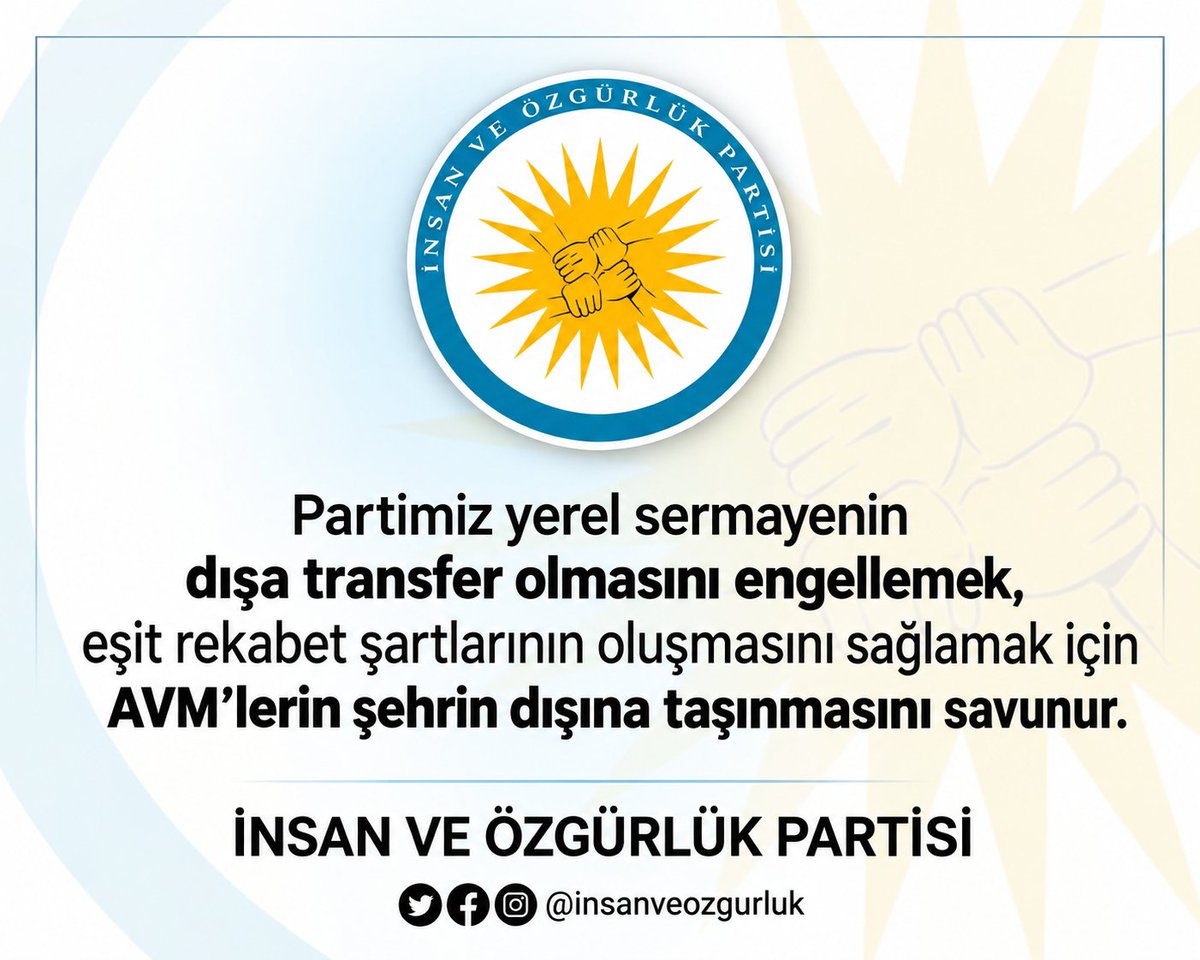 PiAistanbul's tweet photo. Esnaf ve Zanaatkâr Politikamız: 

Siyasal iktidarları esir alan büyük sermaye grupları esnaf ve zanaatkârları tüketip bitiren alışveriş merkezlerini (AVM) şehir merkezlerine taşıdılar. Büyük marketler zinciri esnafların kendini yeniden formatlayıp yeni bir anlayışla ticari faaliyetlerini sürdürmelerini zorunlu kılmaktadır. Tek başına eşitliksiz olan bu rekabet ortamında ayakta durmak bir çok esnafın dayanışarak ortaklaşarak güçlerini birleştirmelerini zorunlu kılmaktadır.

Partimiz yerel sermayenin dışa transfer olmasını engellemek, eşit rekabet şartlarının oluşmasını sağlamak için AVM’lerin  
şehrin dışına taşınmasını savunur.

Şehircilik anlamında da büyük  
sorunlara neden olan AVM’ler otopark ihtiyacı ve trafik karmaşasına neden olmaktadır. 

Partimiz yerel esnaf dayanışmalarını destekler. Bunun geliştirilmesine yönelik politik çalışmalarda bulunur.

İnsanın özgürlüğünü ve yerel yönetimlerin güçlenmesini önemseyen partimiz ekonomik olarak da dışa bağımlılığı azaltarak yerel sermayeyi güçlendirmeyi esas alır. Esnafın, küçük ve orta ölçekli  
işletmelerin özgücünü arttıracak politikalar üretir.