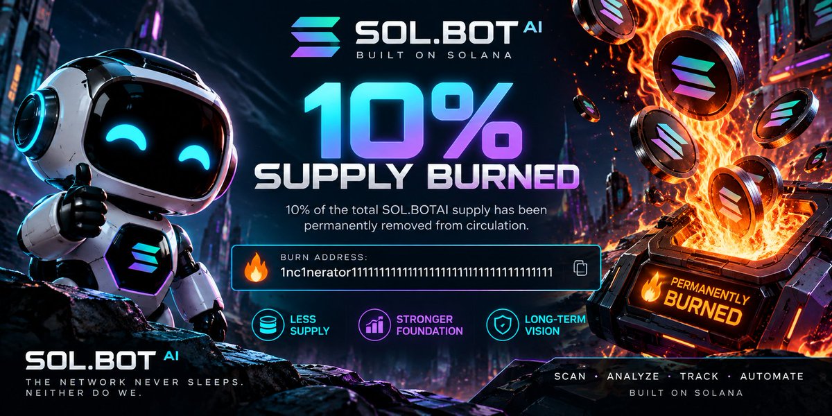 Solbotai_x's tweet photo. 🔥 https://t.co/8H1gs91Q41ᴬᴵ 10% SUPPLY BURNED

10% of the total https://t.co/8H1gs91Q41ᴬᴵ supply has been permanently removed from circulation.

Burn Address:
1nc1nerator11111111111111111111111111111111

Tx Burn https://t.co/FEaeN5Ppdl

10% BURNED.
PERMANENTLY REMOVED.
BUILT FOR THE LONG TERM.

https://t.co/8H1gs91Q41ᴬᴵ
The network never sleeps. Neither do we.

Built on Solana. 🤖