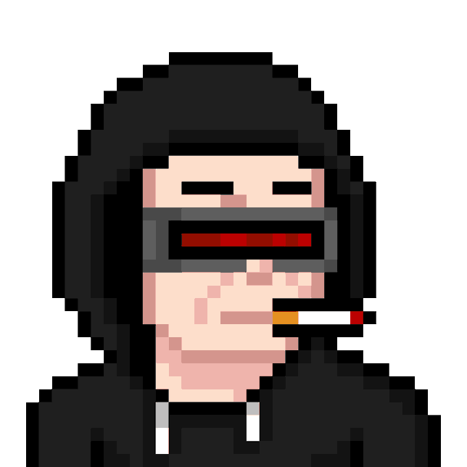 A pixel art illustration of a person with long black hair wearing a VR headset and smoking a cigarette.