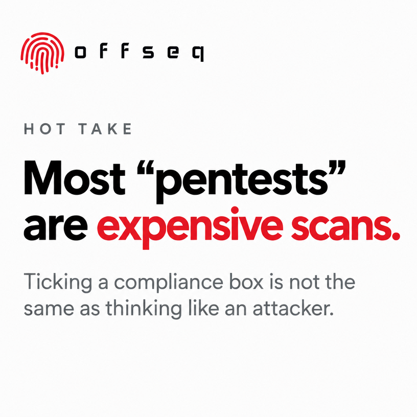 offseq's tweet photo. Hot take: most "pentests" are expensive scans with a report attached. They check boxes, not whether an attacker could actually get in.

When did you last see a test that genuinely thought like the attacker? Tell me. https://t.co/9Vxph2cQzB