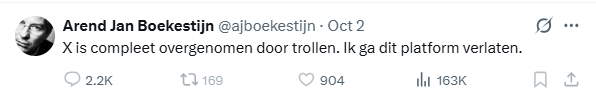 fuckroeper's tweet photo. De laatste 21 uur heeft @ajboekestijn 6 tweets verstuurd. Weggaan op X is een metafoor.

Let ook op de aantal reacties, daar zitten de accounts bij die hij geblokt heeft, uiteraard niet bij.

Er is 1 maar 1 conclusie, wat een in- en in trieste loser is dit. https://t.co/J26psP73Mf