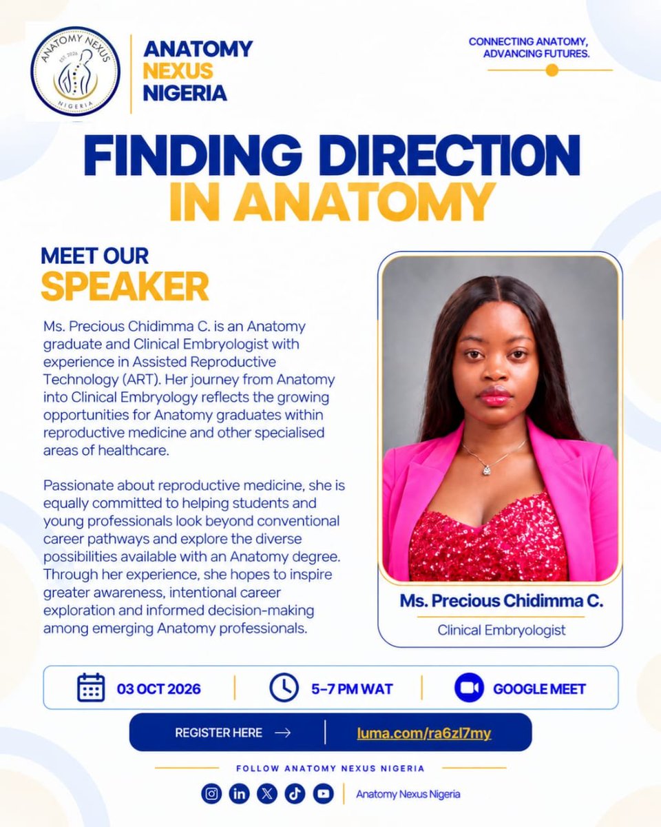 Originaldimz's tweet photo. I had the privilege of speaking at the inaugural @AnatomyNexusNig webinar, “Finding Direction in Anatomy” where I shared my journey into Clinical Embryology, what the pathway actually looks like, answered questions about the realities of working in ART... https://t.co/HMDh0lkpST